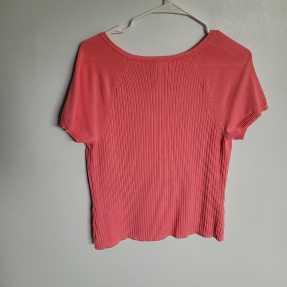 Talbots Womens L Short Sleeve Pink Orange Salmon Ribbed Sweater Shirt Summer Top - Picture 2 of 12